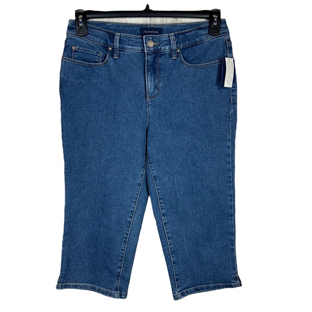 Charter Club SZ 6 Capris Jeans Stretch Mid-Rise Zip-Fly Slits Medium Wash Blue